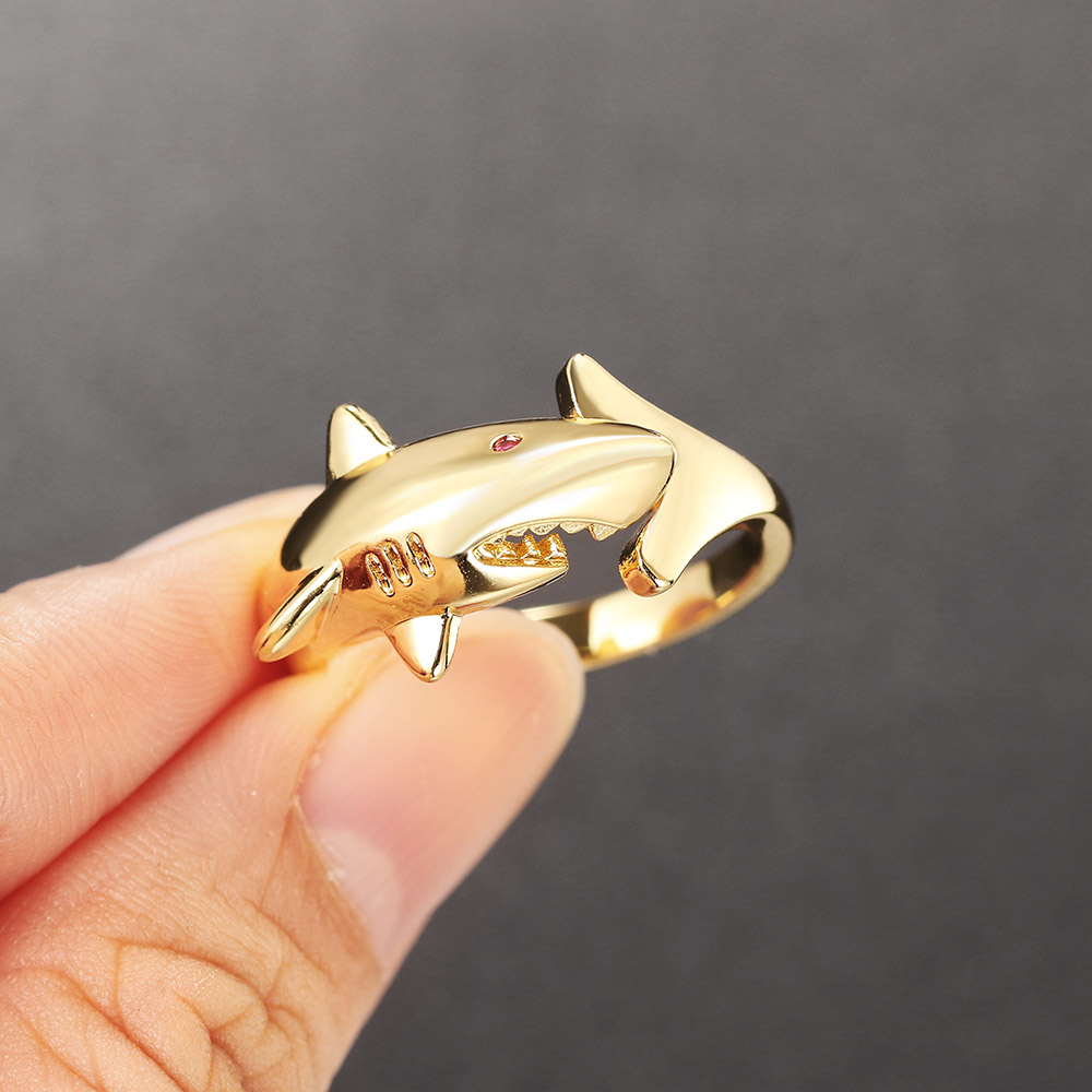 Anillo de tiburón de Color dorado para hombre y mujer, anillos ajustables con personalidad Punk, accesorios de pescado de Hip Hop, proveedores de joyería R719