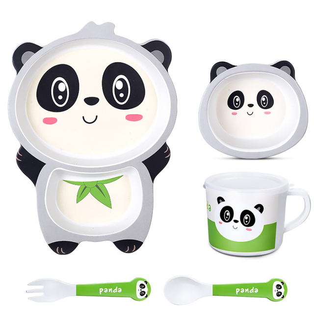 5 unids/set bebé plato niños de dibujos animados de alimentación platos niños Natural de fibra de bambú de vajilla con tazón tenedor Copa cuchara de placa: panda