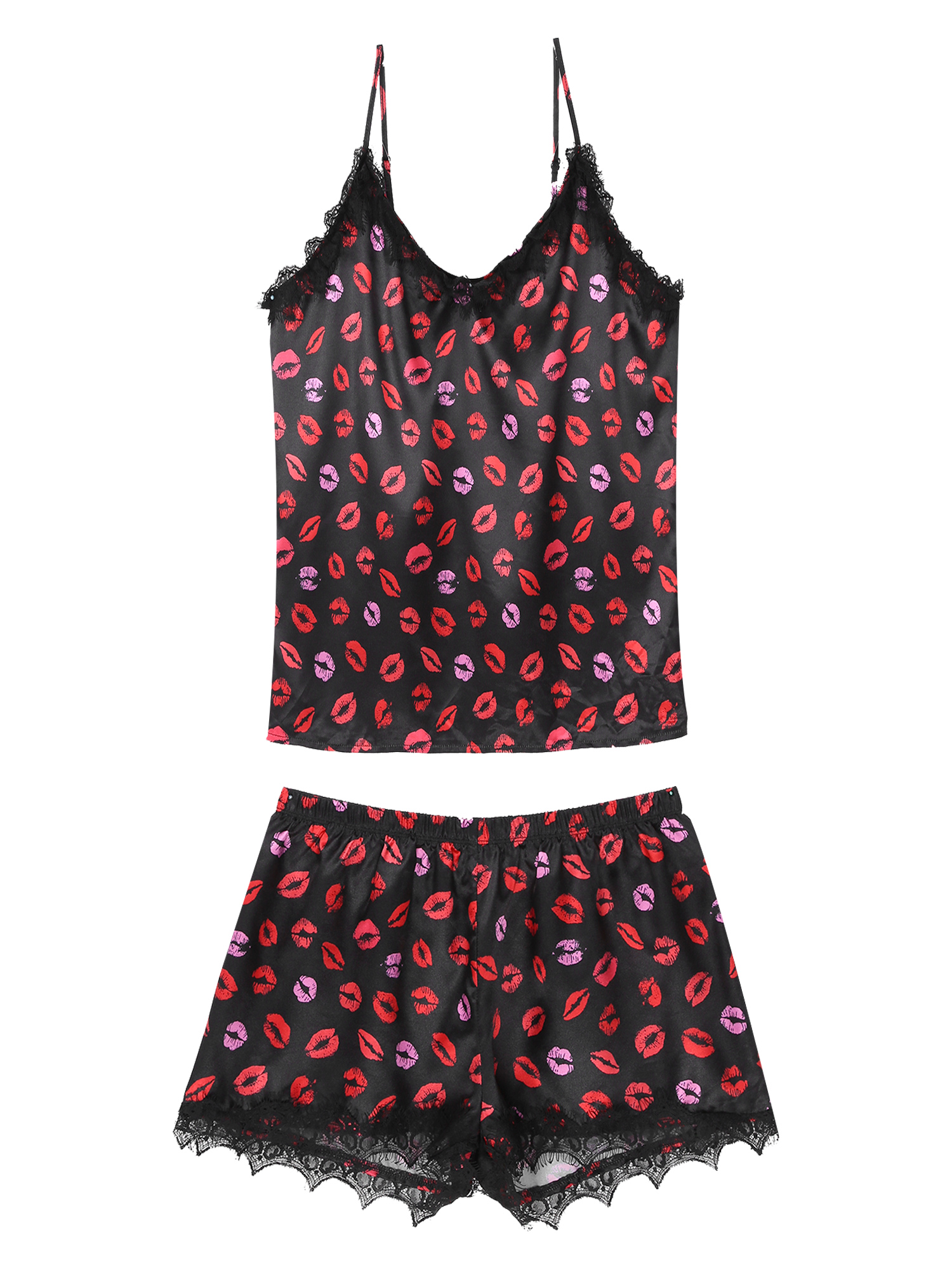 Men Lips Printing Two-piece Pajama Set Sissy Nightwear Lace Trim Sleepwear Adjustable Spaghetti Strap Vest With Shorts Sleeper: XXL