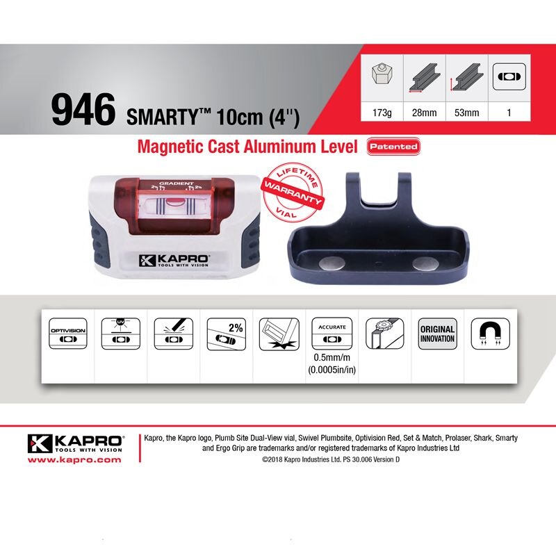 Kapro 946 smarty 10cm (4 ″) nivålinjal i magnetgjuten aluminium bärbar vattenpasslutningsmätare 0.5mm/ m