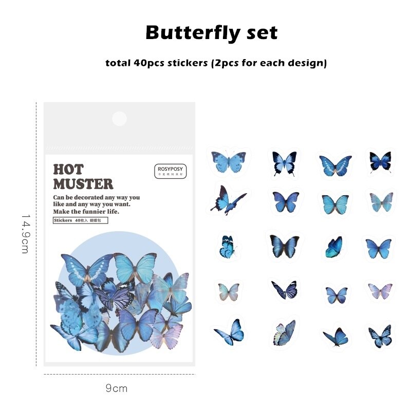40pcs Muster Stickers Set Tulip Daisy Rose Flower Bear Angel Post Note Sticker DIY Decoration Adhesive Diary A6184: Butterfly set