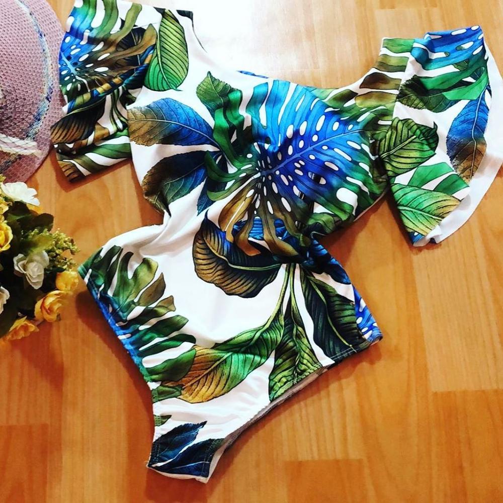 Tropisk stil kvinder badedragt blomsterprint badetøj flæse ærmer monokini flounce bodysuit badedragt sommer bain