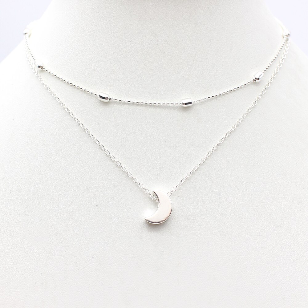 Einfache Herz zwei schichten Halsband Halsketten Für Frauen Multi Schichten Perlen Chocker kragen ras du cou Collier femme Minimalistischen schmuck: Mond Silber-