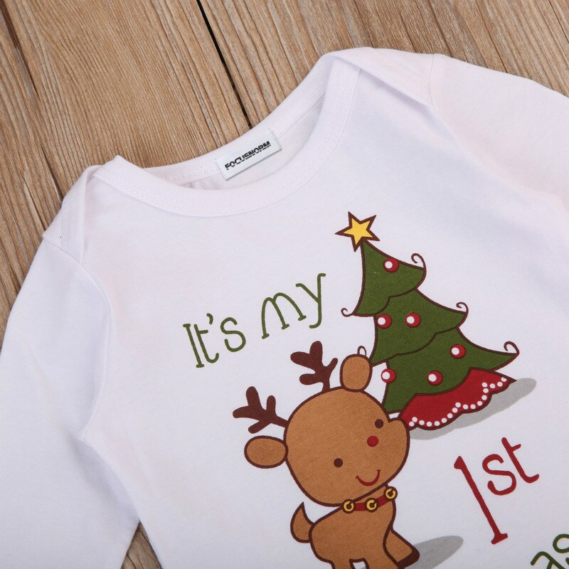 Cute Infant Newborn Baby Girl Boy Playsuit Romper Jumpsuit Outfit Xmas Cartoon Deer Christmas Tree Print Clothes