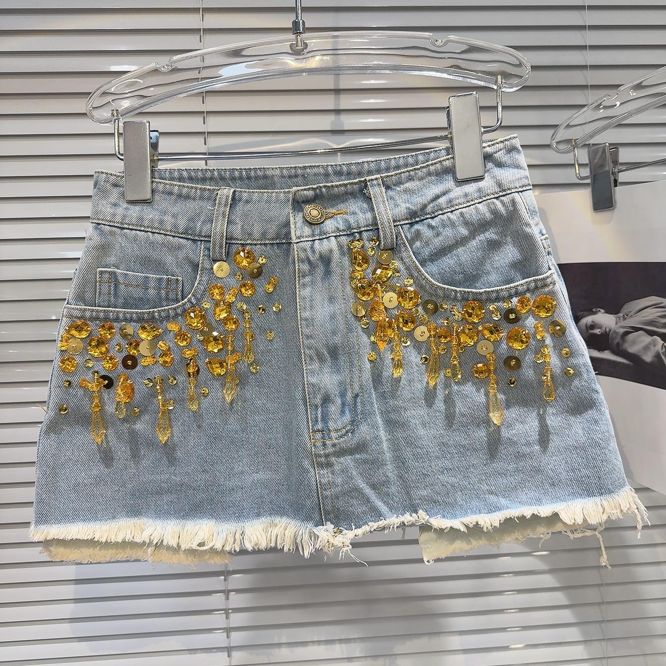 Sød denimjakkesæt til kvinder forår sommer sexet guldperlet tube top crop top retro burr denim nederdel sælges separat: M / Sort