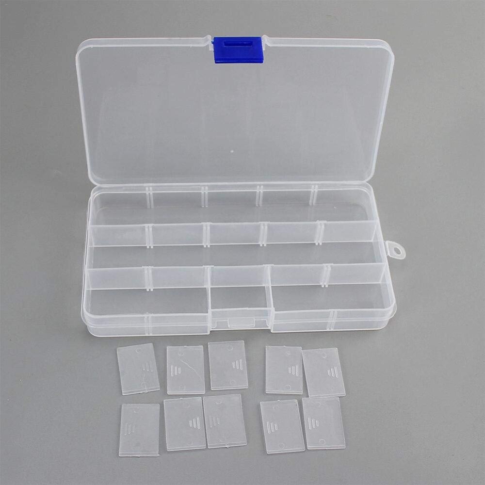 XRHYY Transparent Plastic Grid Box Storage Organizer for Display Collection with Adjustable Dividers - 15 Grids - 6.9"x4"x0.9"