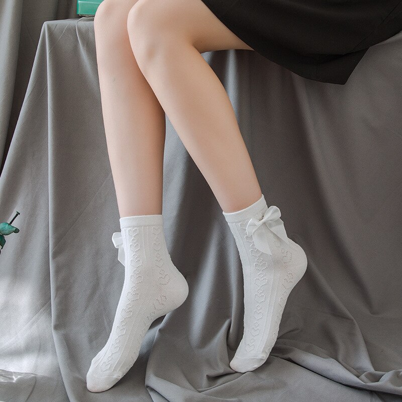 Lolita – chaussettes blanches en dentelle pour femmes, en coton, avec nœud en cœur, style JK: Bow