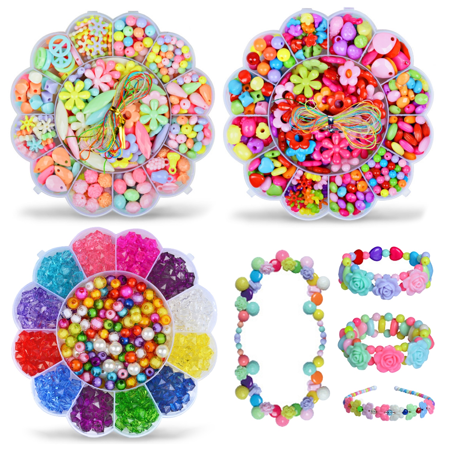 350x Kid Meisjes Plastic Snoep Kleuren Ronde Bloem Shape Losse Kralen met Touw Speelgoed Armband Ketting Sieraden Maken DIY craft