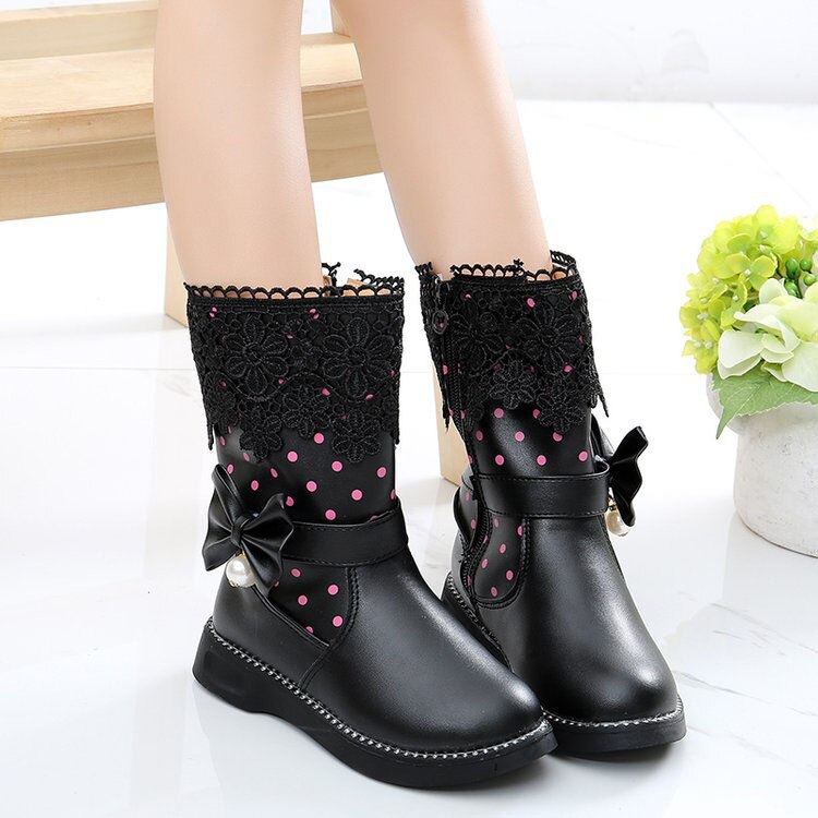 Bottes chaudes en coton pour filles, chaussures d'hiver à la pour enfants, bottes de neige en cuir PU avec dentelle et nœud papillon