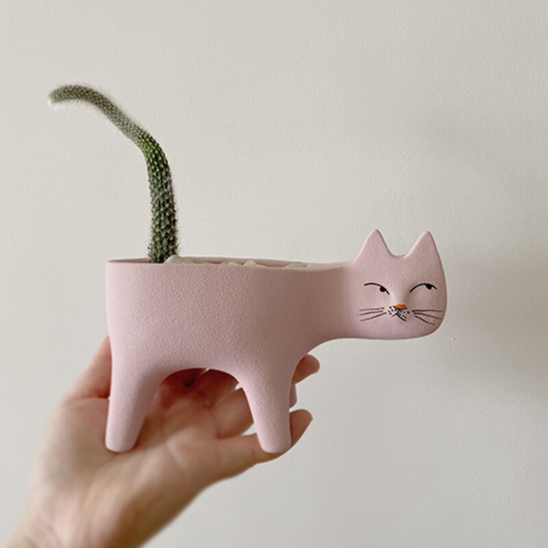 Mignon chat queue bonsaï pot de fleurs dessin animé Animal en céramique Vase personnalité Cactus plante succulente Poted bureau jardin décoration: pink