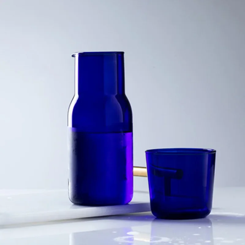 Conjunto simples de xícara de vidro resistente ao calor, Copo de suco com jarro de chá, Garrafa de água, Copos Azuis, 500ml: Azul