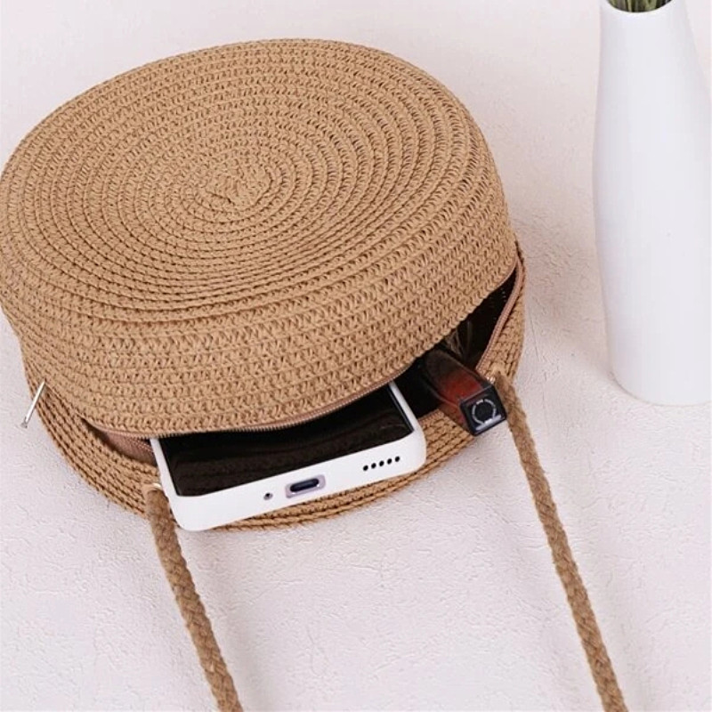 minimalistisch ische Stroh tasche Runde Crossbody-Geldbörse Frauen Schulter Berufung Stil Handtasche