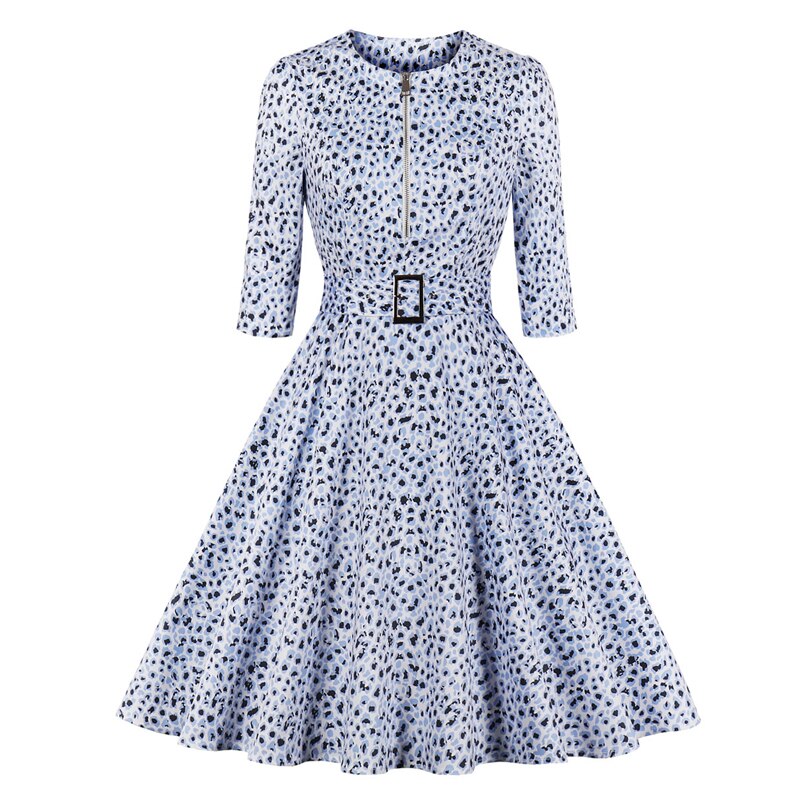 Tonval lynlås foran leopardprint rockabilly kvinder vintage kjole 3/4- lange ærmer efterår bomuldskjoler med bælte: Blå / L