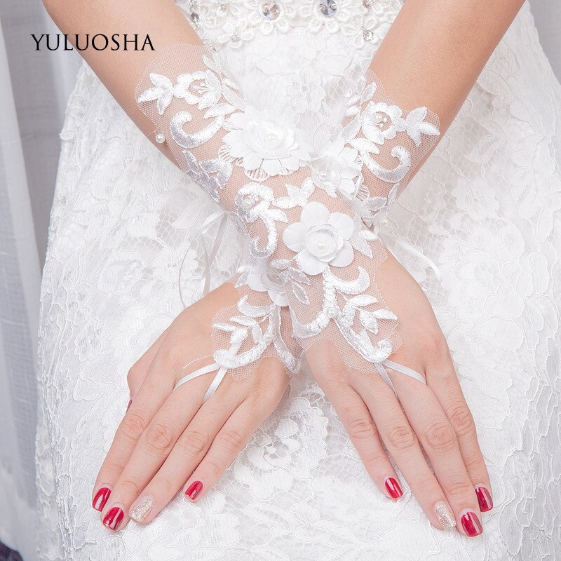 YULUOSHA Hochzeit Handschuhe für Braut Perlen Günstige Braut Handschuhe Hochzeit Handschuhe Finger Hochzeit Zubehör Weiß Spitze Handschuhe