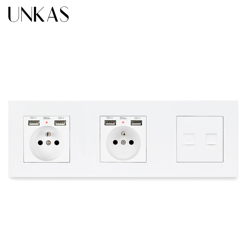 UNKAS 3 Gang French Wall Power Socket Dual USB + HDMI Port USB 3.0 Jack TV RJ11 Telephone RJ45 Internet PC Plastic Panel Outlet: 2FR 1 Tele. Computer