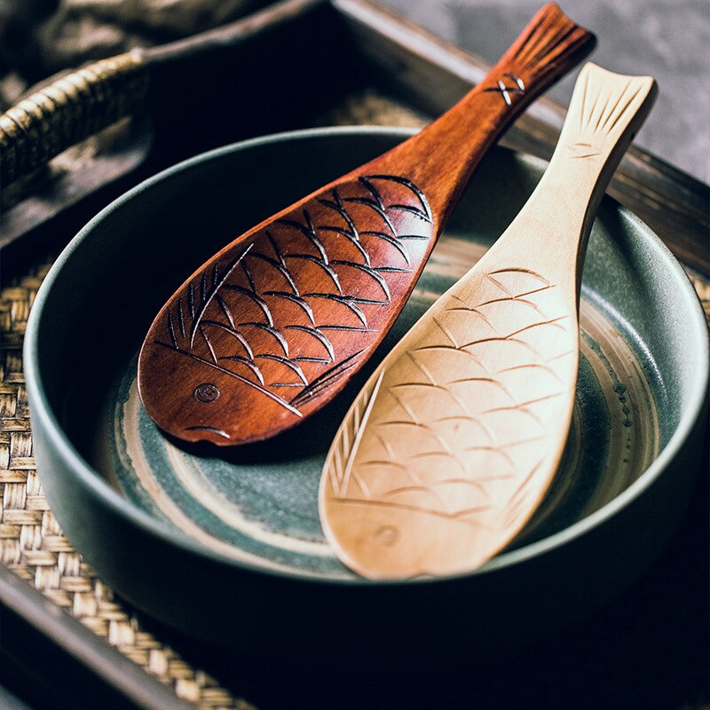 Cucharas de arroz de madera Natural, cuchara de pescado, arrocera, creativa, antiadherente, cuchara de dibujos animados, utensilios de cocina
