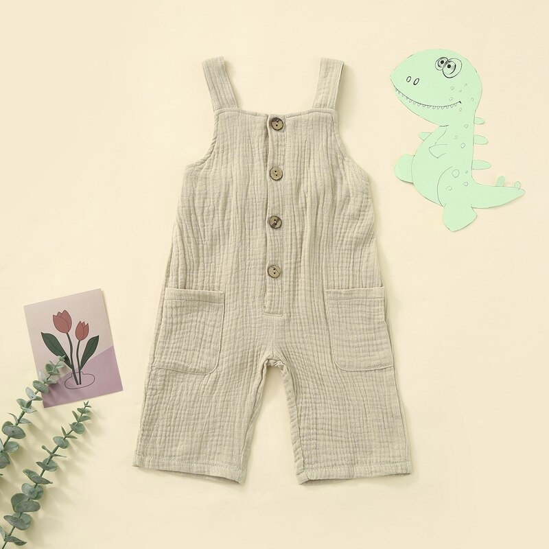 Kleine Jongens Meisjes Jarretel Broek, Zomer Peuters Effen Kleur Voorste Knop Pocket Decoratie Overalls Mouwloze Jumpsuit