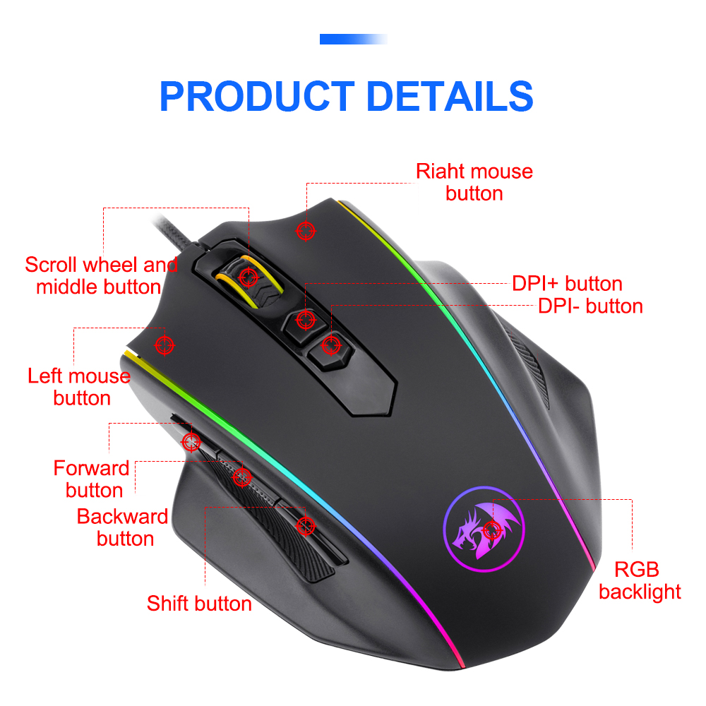 Redragon Vampire M720 RGB Vampire USB Wired Gaming Mouse 10000 DPI 8 buttons mice Programmable ergonomic For Computer PC Gamer
