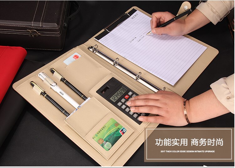 a4 leather folder Padfolio multifunction organizer planner notebook ring binder A4 file folder with calculator 1163