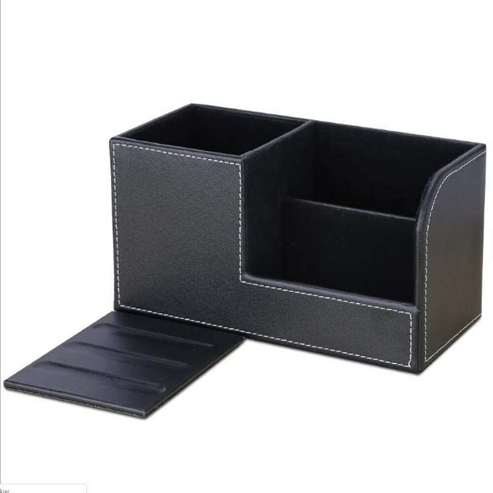 XRHYY Black 3 Compartment Leather Desk Organizer Card Pen Pencil Mobile Phone Office Supply Holder Collection Desktop Organizer