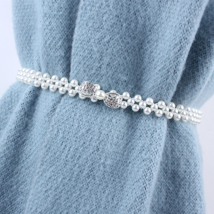 Correa de cadena fina con sello de elasticidad elástica de la cintura blanca para mujer, diamantes de imitación y perlas para decoración de falda, fajas de ,: 6