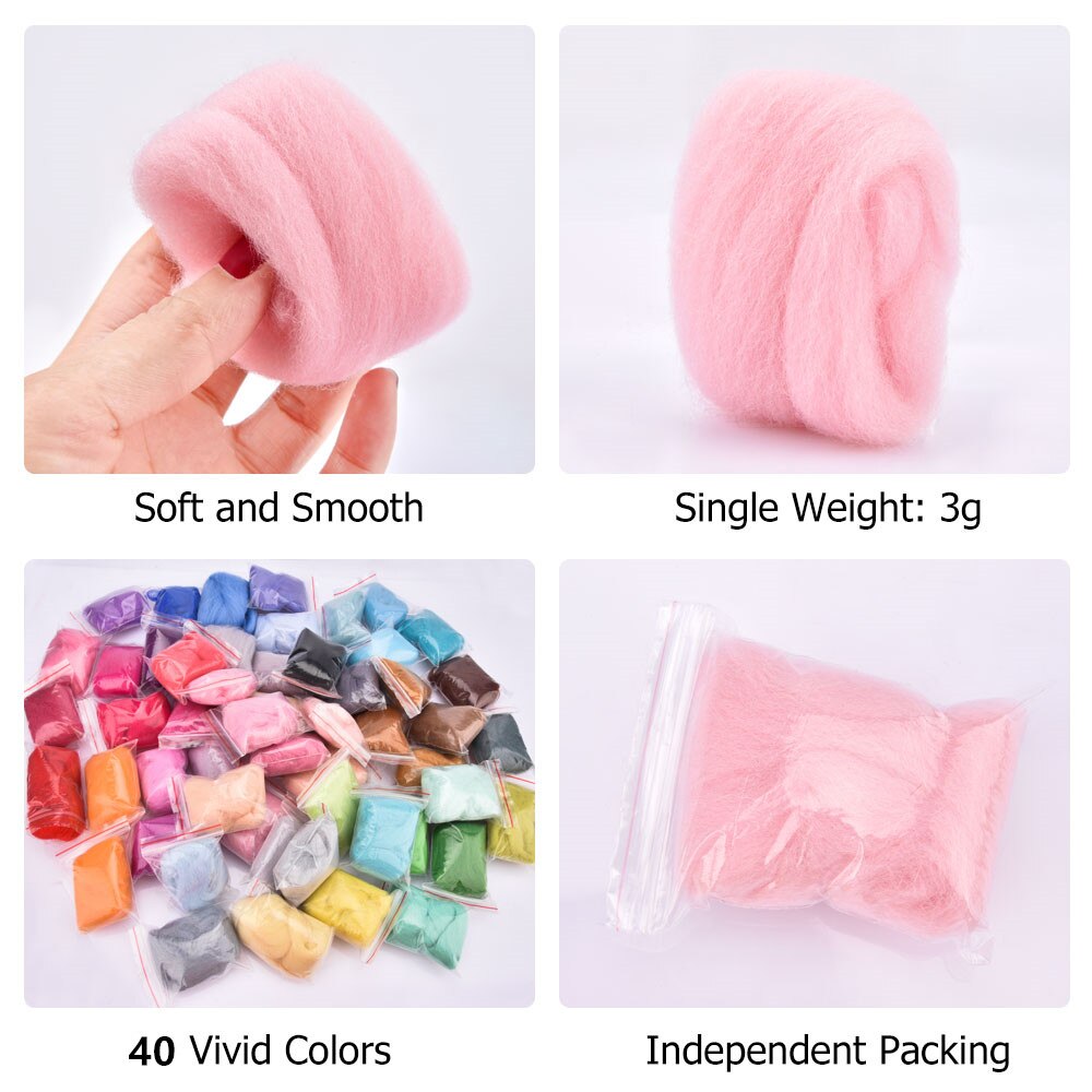 Needle Felting Kit 40 Colors Wool Fibre Roving Craft Material Wool Felt with Needles Tools DIY Art Handwork Craft