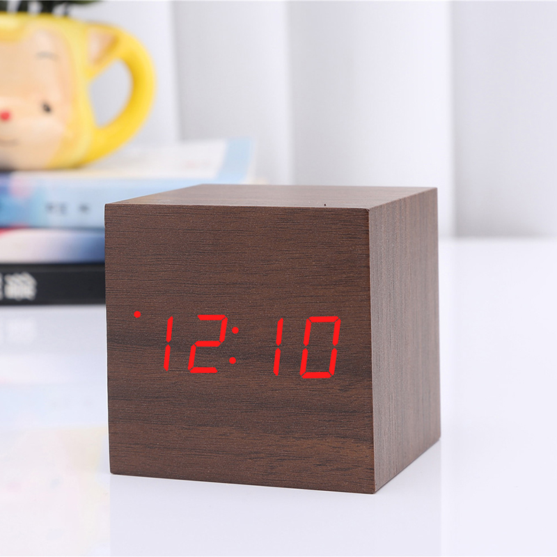 Mini houten geluiden controle klok moderne houten digitale led bureau wekker nachtkastje klok kalender tafeldecoratie: A