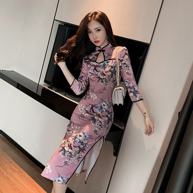Chinese Jurk Hollow Out Side Split Elegante Jurk Bloemenprint Hoge Split Sexy Cheongsam Jurk Retro Verbeterd Qipao Kostuum: S