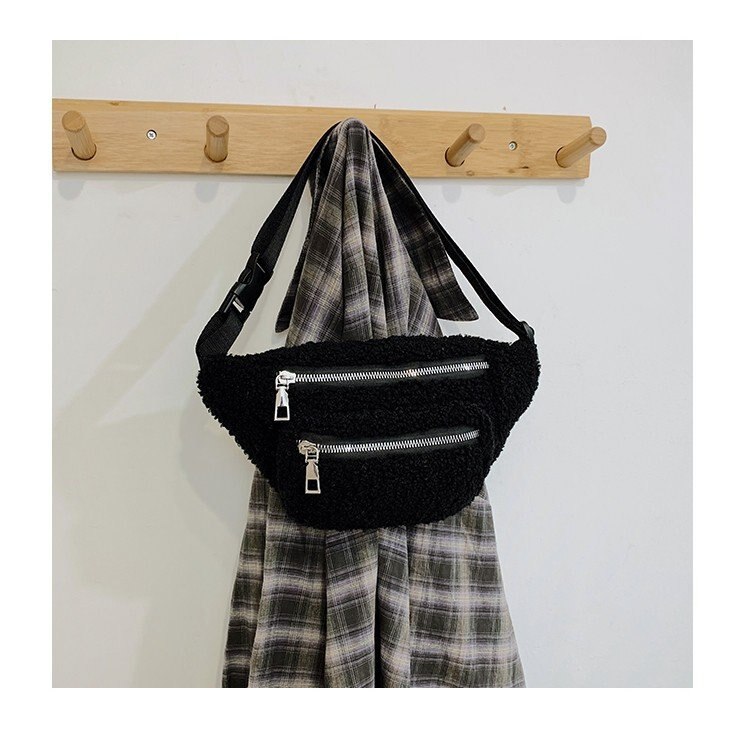 Dames heuptasje, zachte fleece heuptas, crossbody tas met verstelbare riem, dames wintertas stijl: Zwart