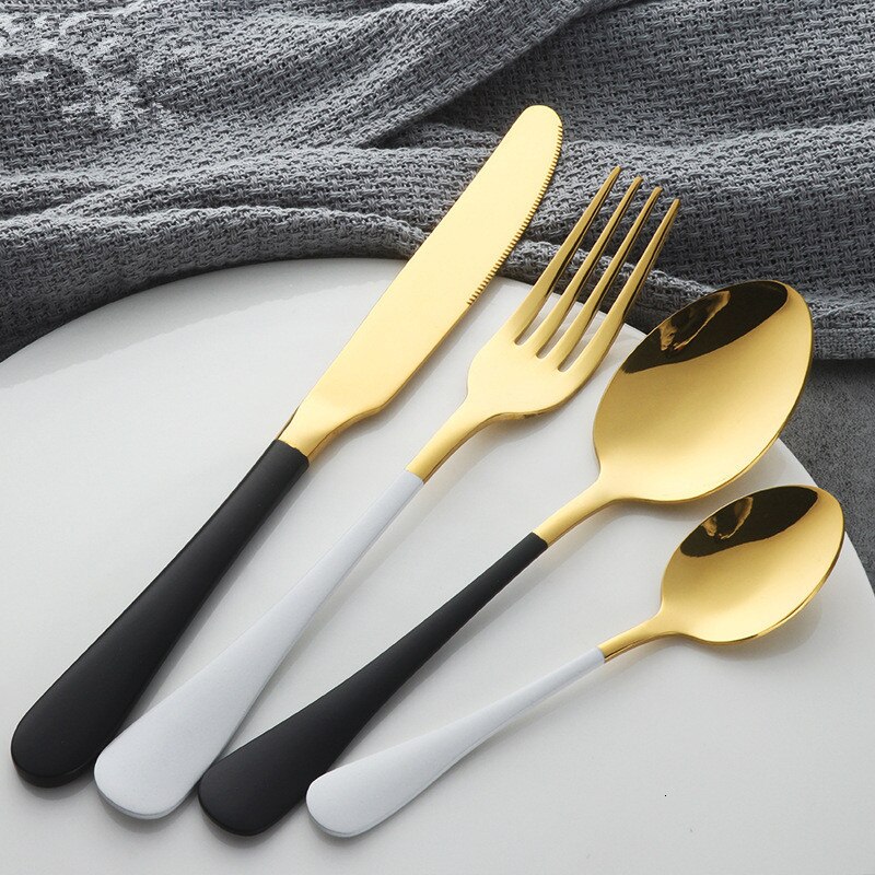 Black Gold Cutlery Set 18/10 Stainless Steel Fork Spoon Knife Set Mirror Tableware Set Portable Kitchen Spoon Silverware Set
