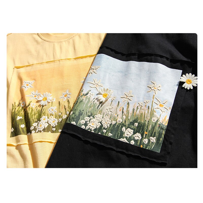 Summer Men Women T Shirts Canvas Patch Daisy Printing Trendy Men's Short Sleeve Tees Casual Couple Tops Male Short Sleeve Shirts