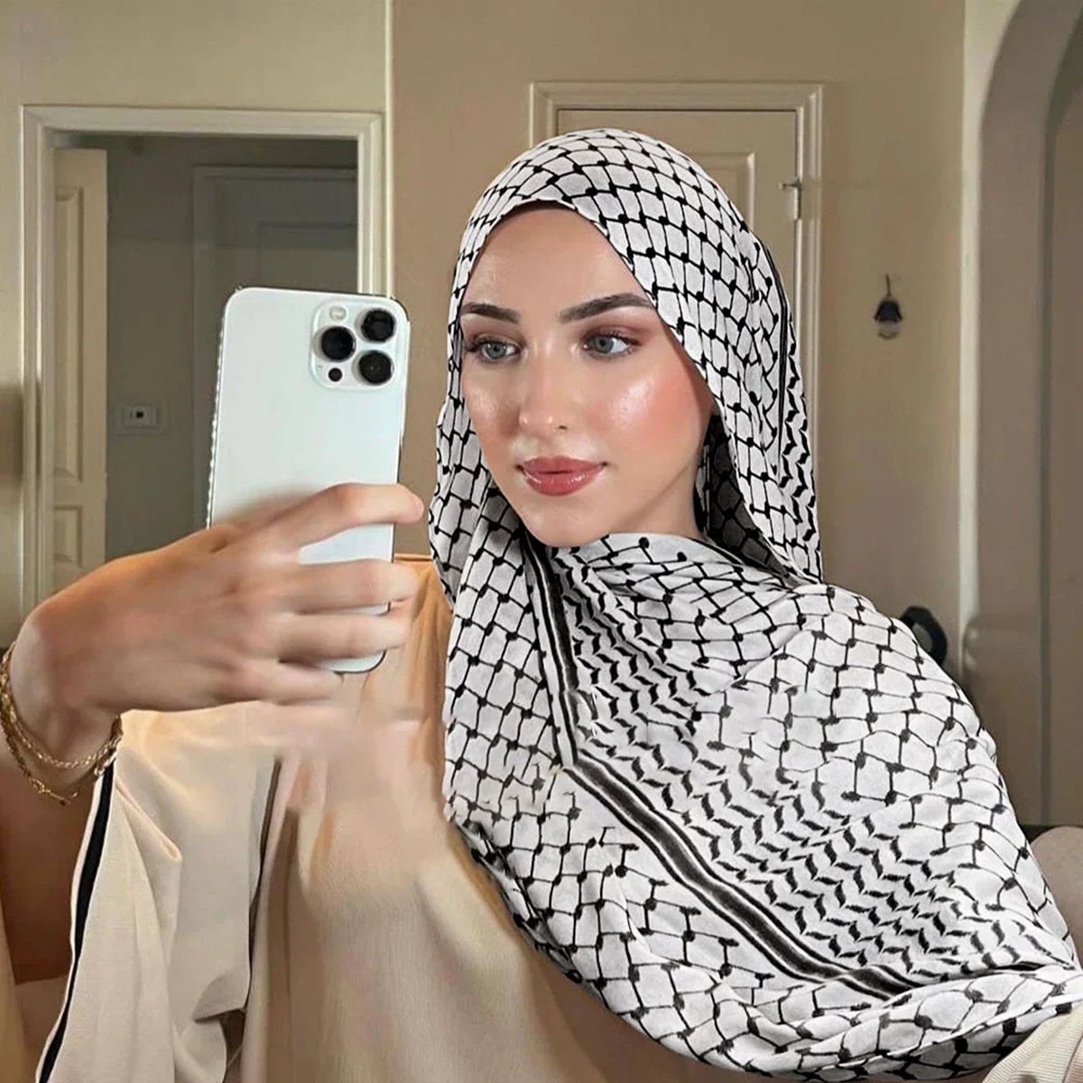 Breathable Chiffon Hijab Vintage Printed Long Scarf Geometric Pattern Head Wrap for Women Lightweight Thin Soft Cozy Shaw