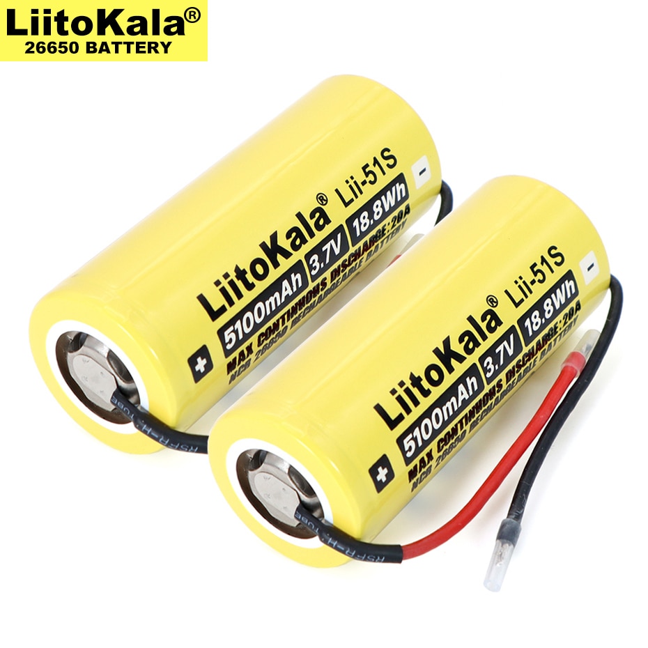 26650 5100mAh high Capacity Li-ion 3.7v Rechargeable Battery 20A Discharge 3.6V Power batteries + DIY Cable