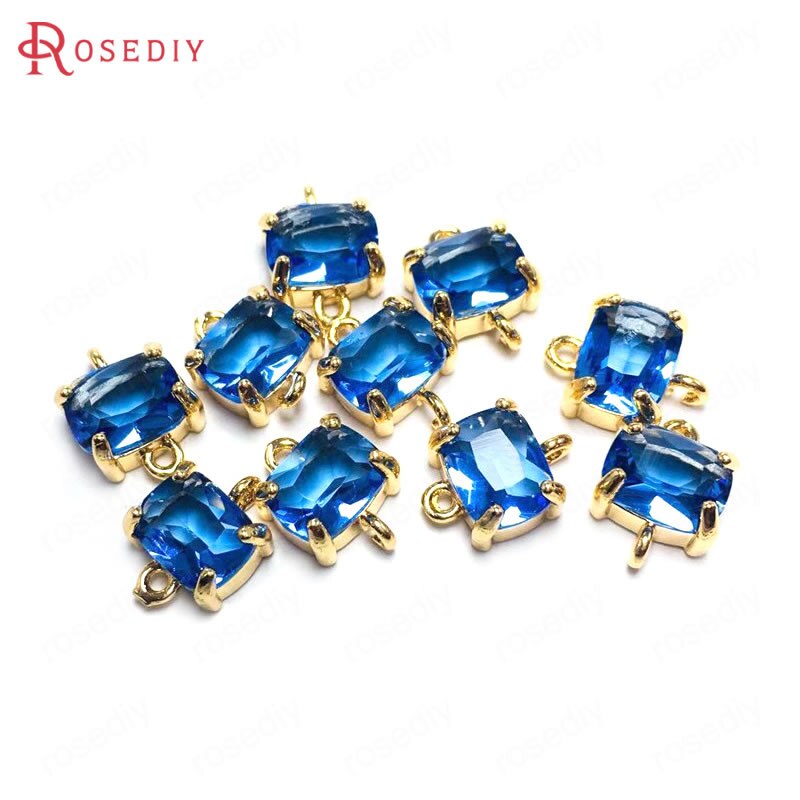 (38230)6PCS 8x10MM 24K Champagne Gold Color Brass and Glass 2 Holes Rectangle Connect Charms Pendants Diy Findings Accessories: Blue