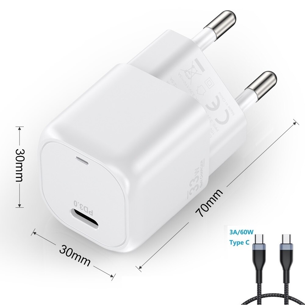 Electop 33W Usb C Gan Charger Met Led Fast Charger Pps Pd 3.0 Type C Fast Charger Voor Iphone 13 12 11 Samsung Laptop Adapter: EU white C-C Cable