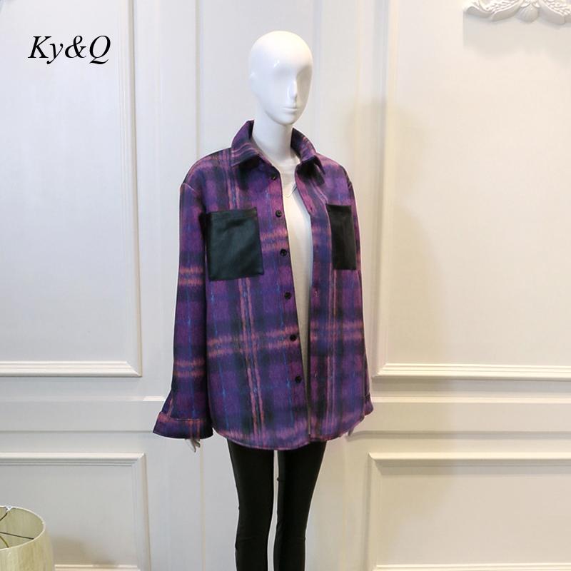 Purple Plaid Shirt Jacket Women&#39;s Long Sleeve Outerwear All-Match Loose Thick Woolen Coat Autumn Winter Style