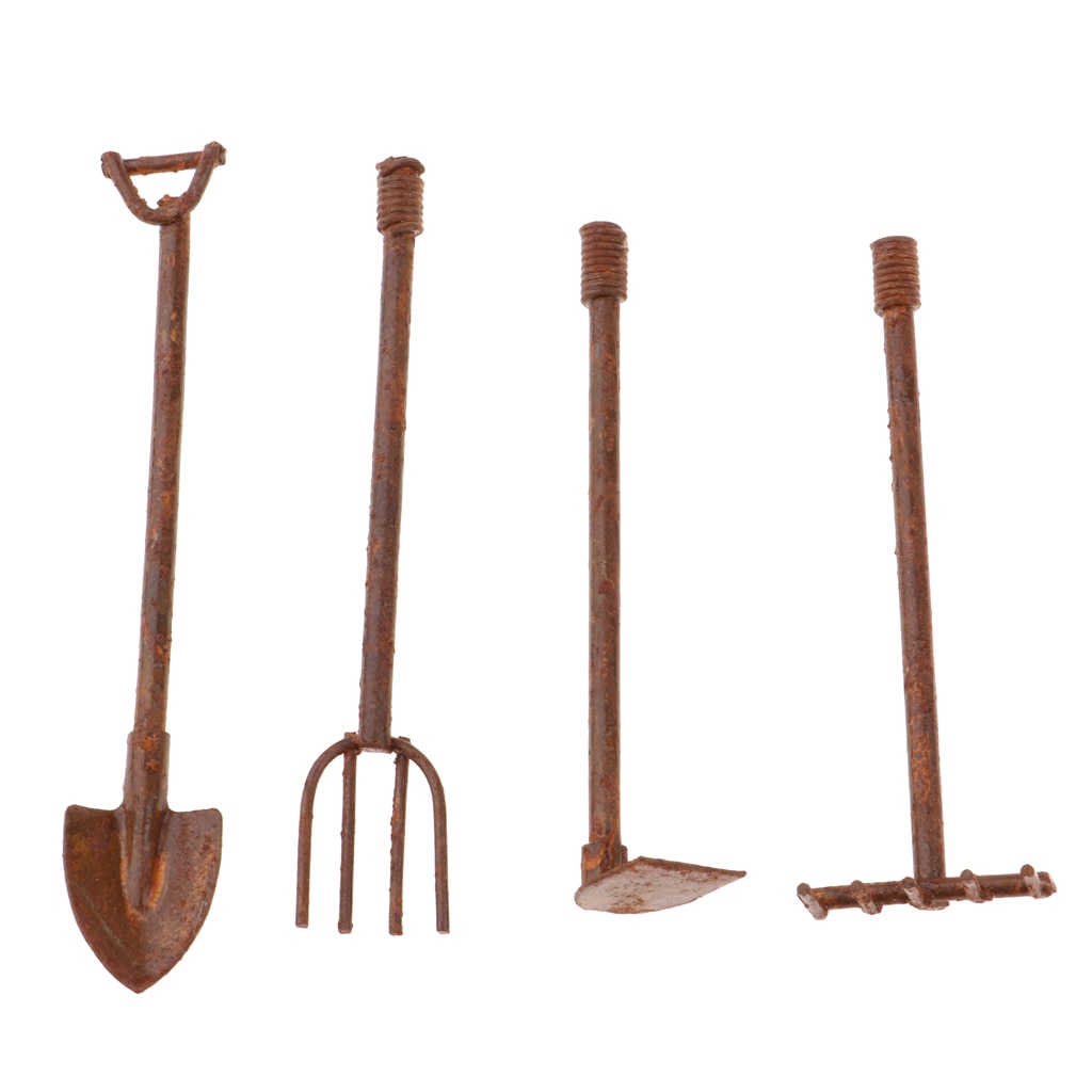 Poppenhuis Miniatuur Oude Metalen Schoppen Schoffel & Pitchfork Set Tuin Decor