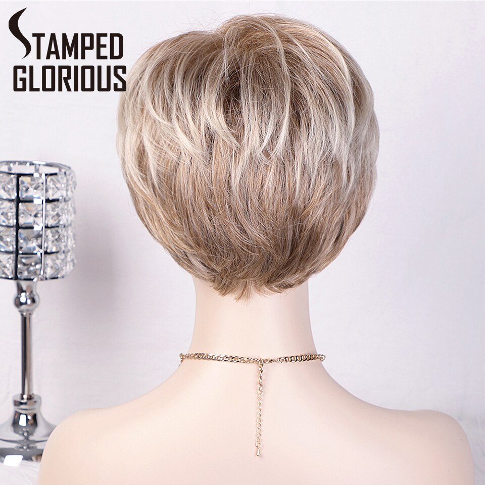 Stamped Glorious Korte Ombre Blonde Pruik Met Pony Lichtbruin Bob Pruik Natuurlijke Haar Synthetische Pruiken Voor Vrouwen Side Deel