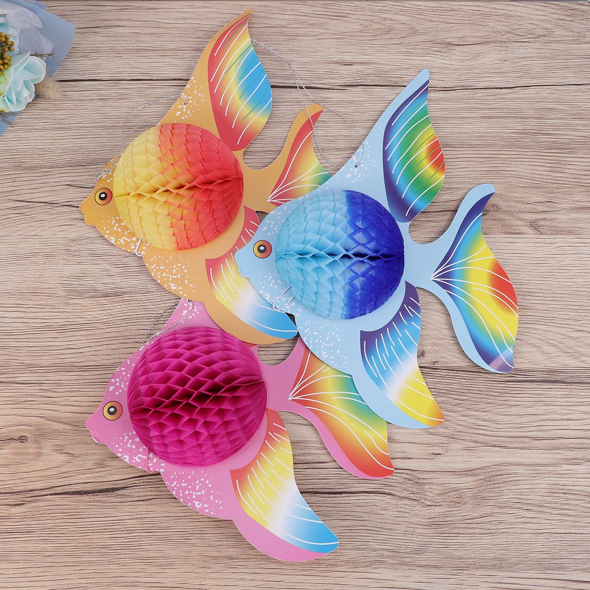 Papel tisú colorido de 6/12 Uds., pez dorado, decoración de pescado Tropical plegable, adornos colgantes, suministros para (dorado + Rosa + azul)