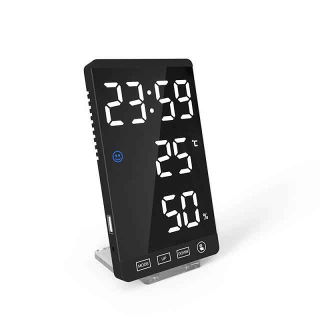 Led Mirror Alarm Clock Touch Button Wall Digital Clock Time Temperature Humidity Display Usb Output Port Table Clock: Black and white