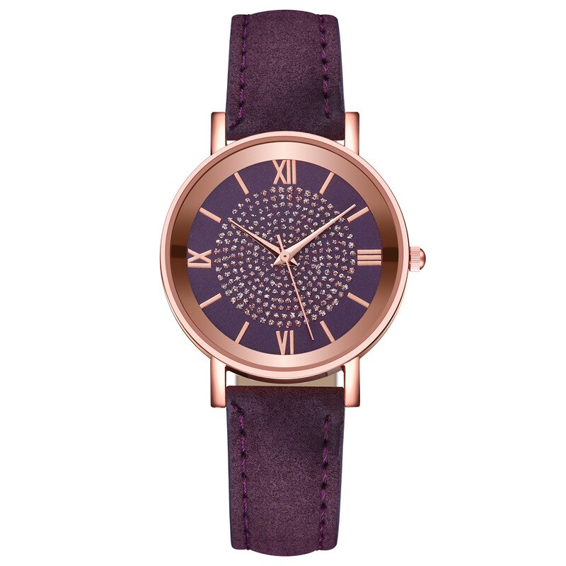 Style Starry Sky Dial Watches for Women Roman Scale Rhinestone Leather Ladies Quartz Watch Female Wrist Watch: Purple Color