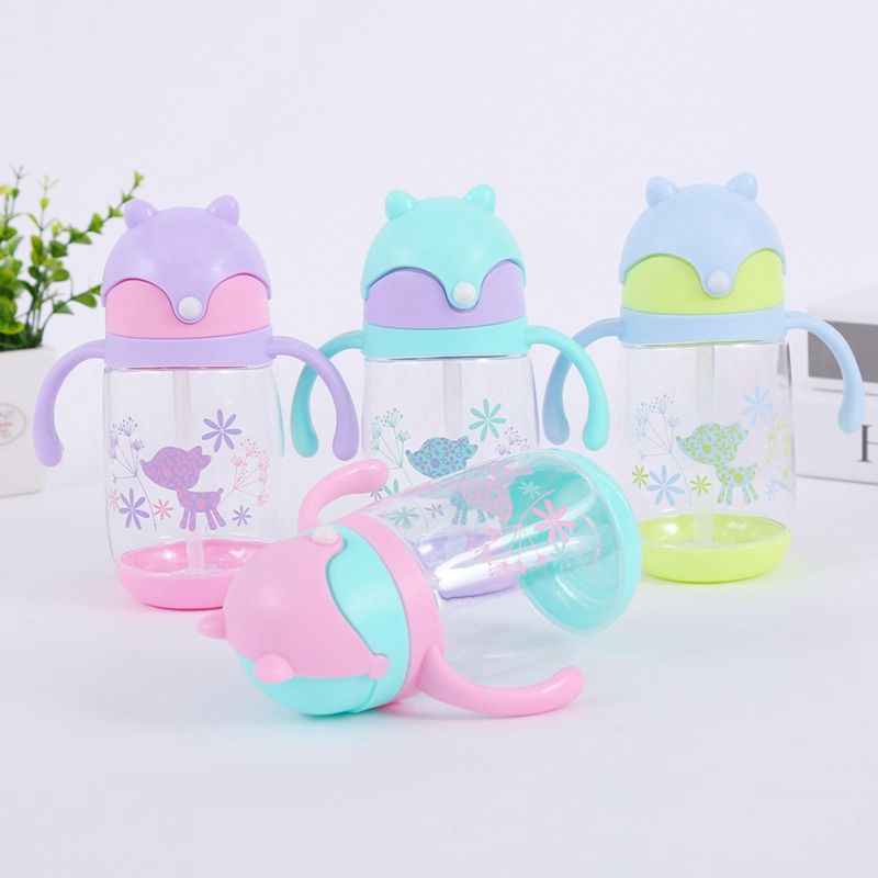 300ml Cute Fox Baby Feeding Cup with Straw Children Learn Feeding Drinking Bottle with Handle Kids Training Cup