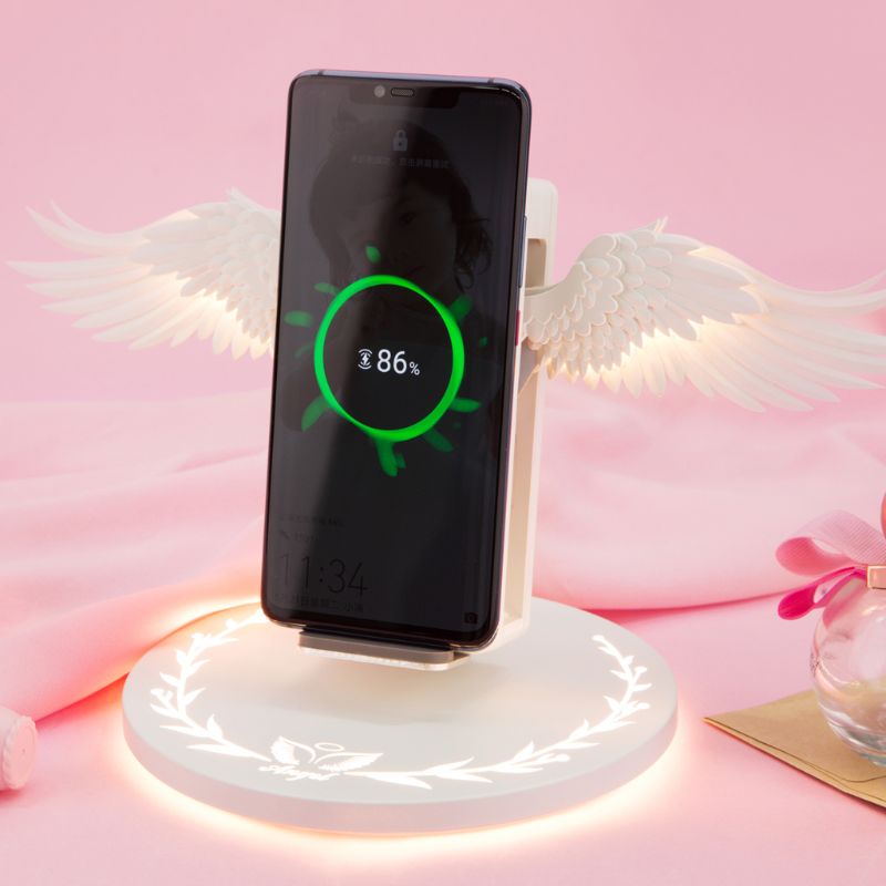 Base de carga inalámbrica LED Qi, 10W, Cargador rápido de alas de Ángel para móvil