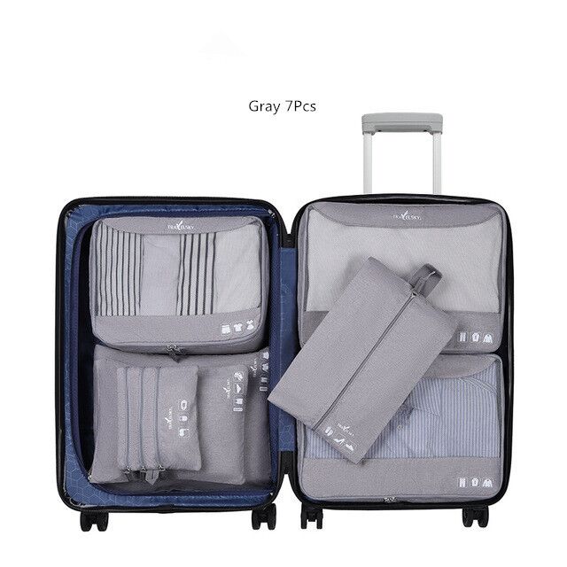 Portable Travel Bags Pouchs Set Storage Bag Suitcase Clothes Cosmetic Organizer Luggage Packing Laundry Accessories Supplies: Gray  7 Pcs