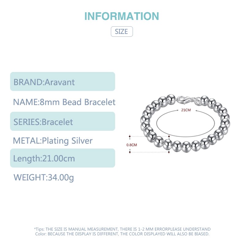 925 Silver 8MM Smooth Bead Bracelets Chains For Women Men Jewelry