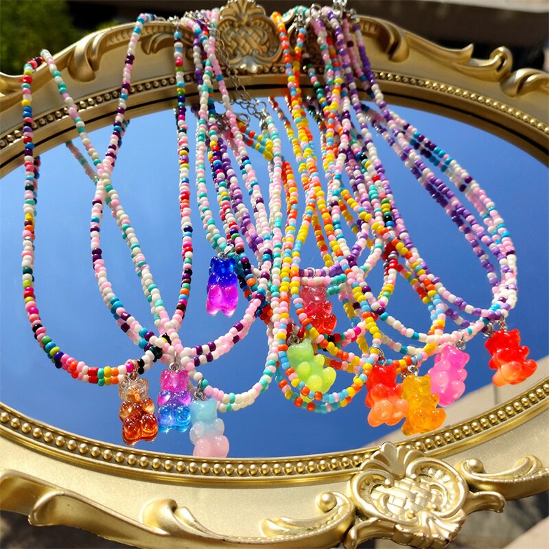 Collier de perles rondes colorées pour femmes, style bohème, mignon, dégradé arc-en-ciel, pendentif ours en résine, à la , bijoux pour filles