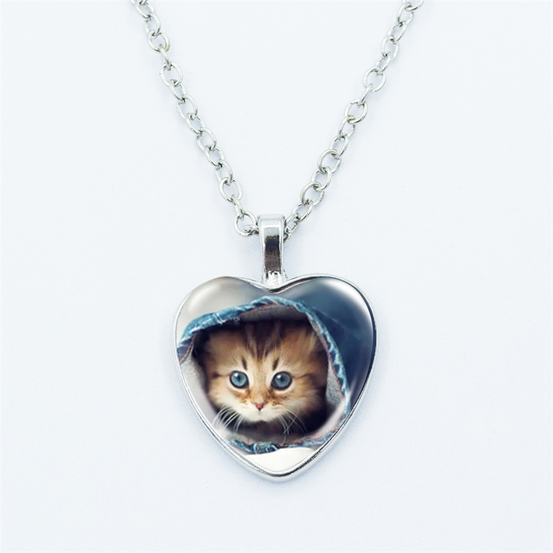 Collar con colgante de corazón de gato para mujer, joyería de cadena fina con cara de gema de cristal y Metal a la , accesorios de para niños