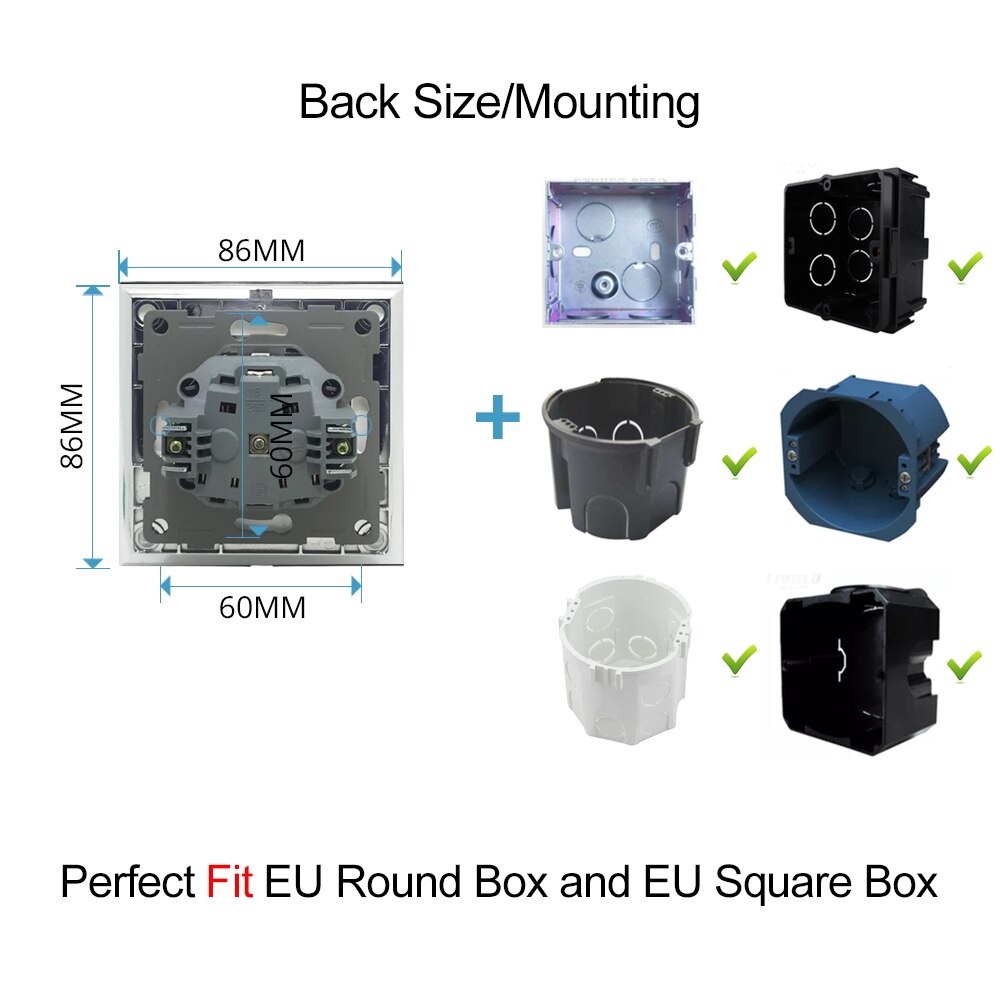 Cuádruple Enchufe europeo caja redonda montaje CE Wallpad cristal negro de lujo 4 Marco 16A EU enchufe eléctrico estándar con garras