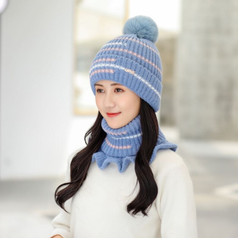 Nuovo 2020 Autunno Cappello di Inverno Della Sciarpa Per le donne più di velluto cappello caldo di modo dolce cappello di lana Sciarpa set ciclismo antivento cappello: blue