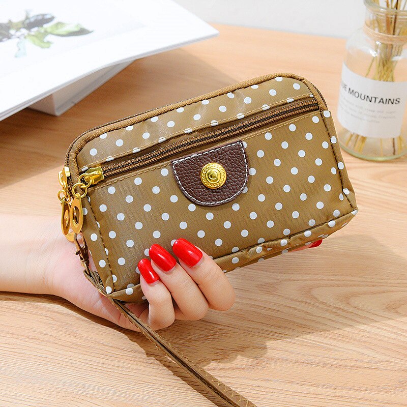 Women Wallet Cute Dot Canvas Three Zipper Multi-layer Fabric Mobile Phone Bag Female Clutch Pouch: Khaki